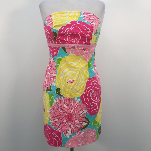 Lilly Pulitzer Blue Multi Flower Strapless Small Collar Bodycon Midi Dress